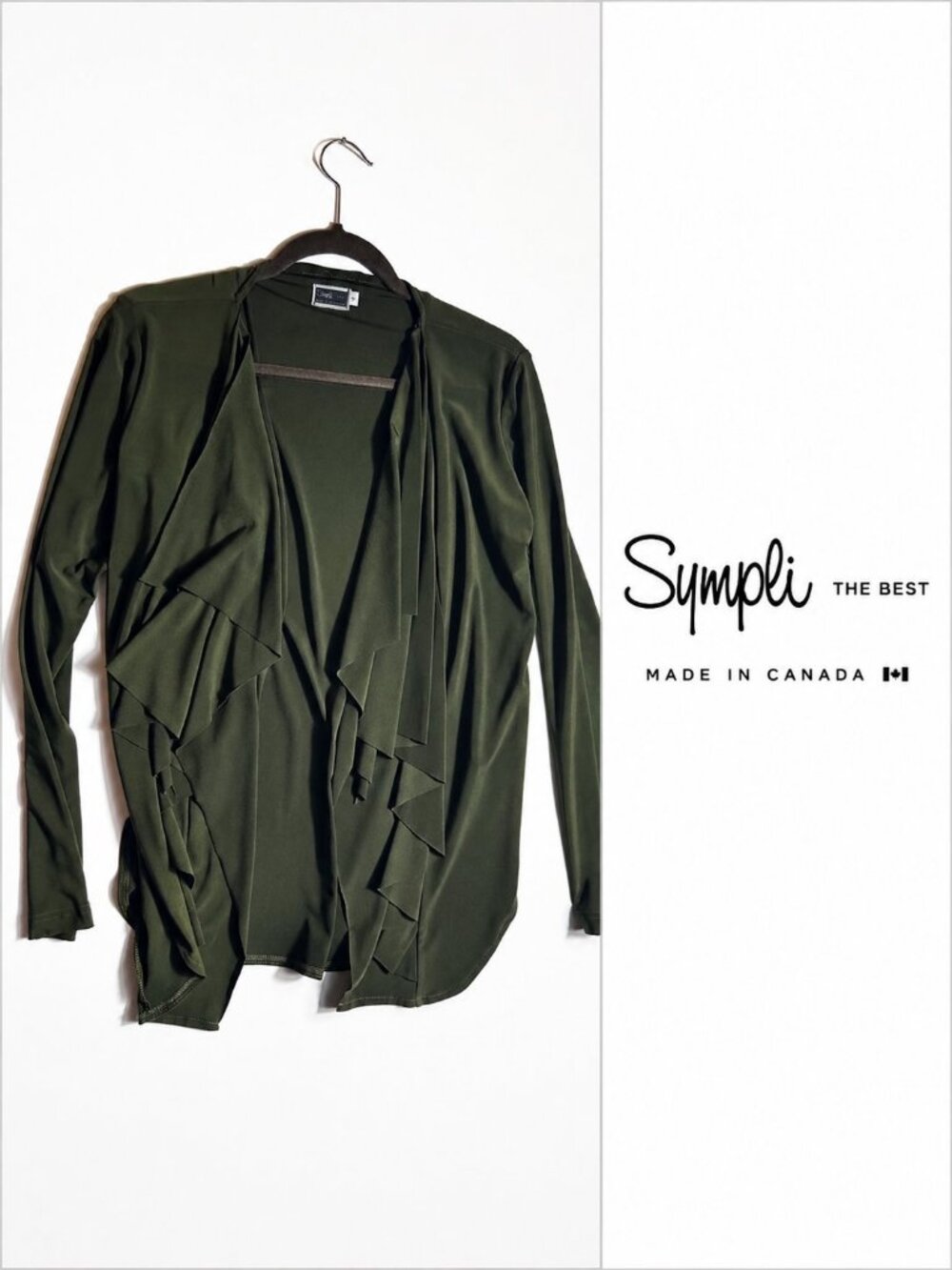 Sympli Olive Green Cascade Cardigan Open Front Made in Canada  Size 12
